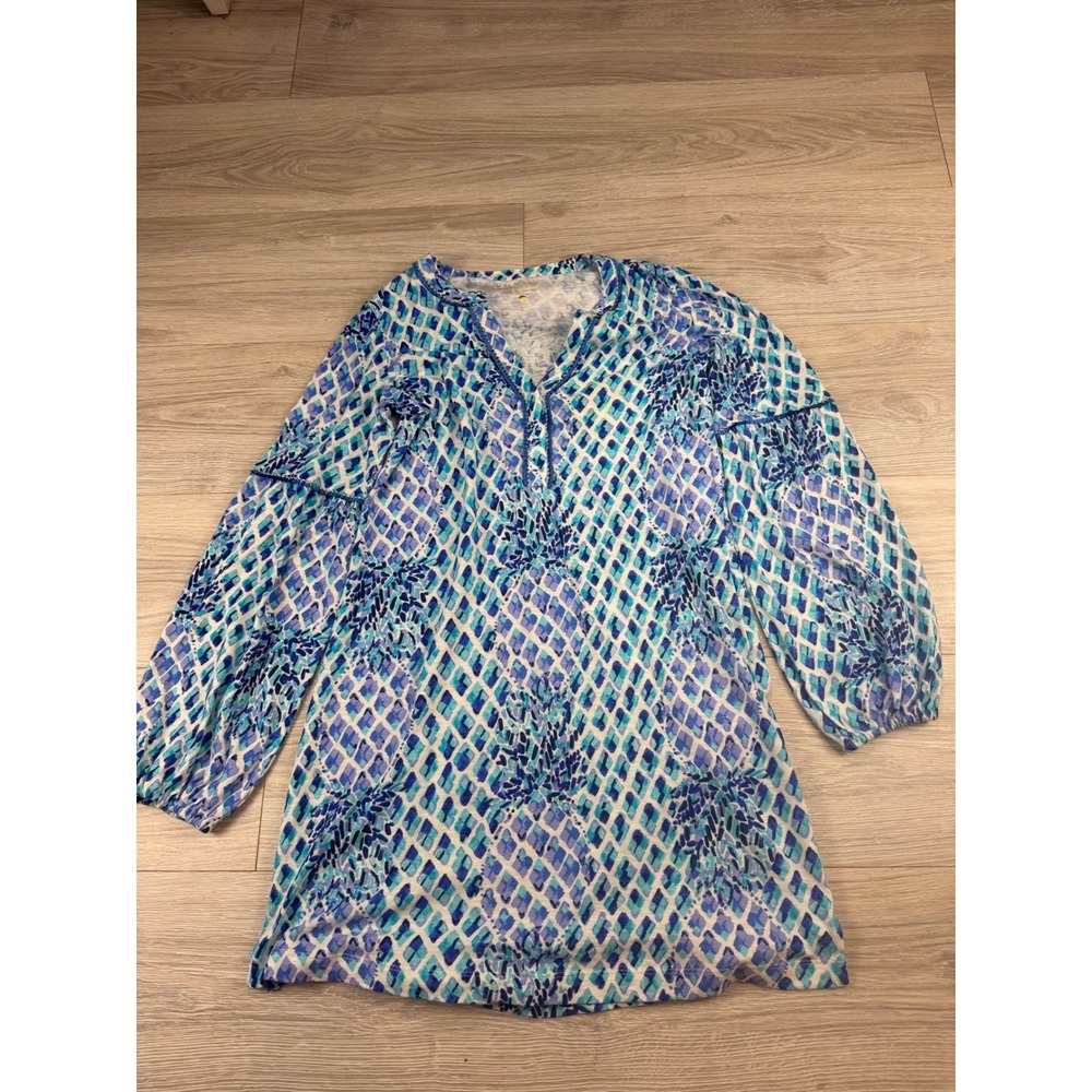 Lilly Pulitzer Blue‎ Pineapple Diamond Knit T-Shirt Dress XS Long Sleeve 28836